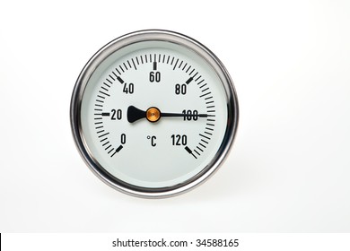 A Circular Thermometer On A White Background With Water Boiling Point Temperature.