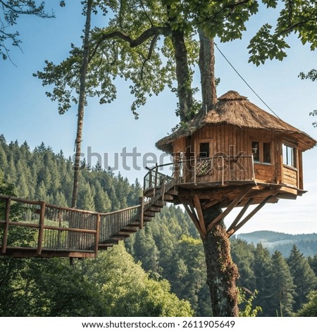 Circular Treehouse with Sky View Surrounded by Trees
