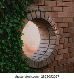 Circular window opening in a brick wall covered with green ivy vines