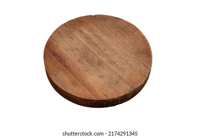 Circular Wooden Cutting Board Isolated Cutout On White Background. Round Domestic Vintage Empty Brown Wood Plank For Cutting Or Serving. Overhead View, Copy Space.