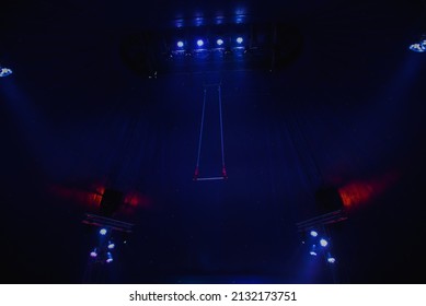 Circus Arena, Classic Round Stage Under Marquee Dome With Seats, Garlands And Spotlights. Empty Carnival Ring Tent In Amusement Family Theme Park, Entertainment Performance