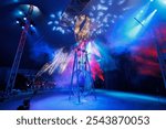 Circus equipment with colorful spotlights. Rays of light in the circus arena. Wheel of death