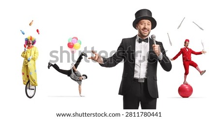 Circus ringmaster introducing a group of performers isolated on white background