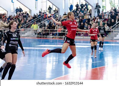 Cisnadie, Romania - January  12, 2020 : Handball player MOLDOVAN Ada Emilia during the game  between Magura Cisnadie vs Siofok KC ( 23 - 31 ) count for  Women's EHF Cup - Group Phase