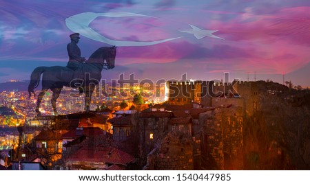 Citadel of Ankara in the night with Ataturk monument and Turkish flag. Concept of Ankara. Stok fotoğraf © 