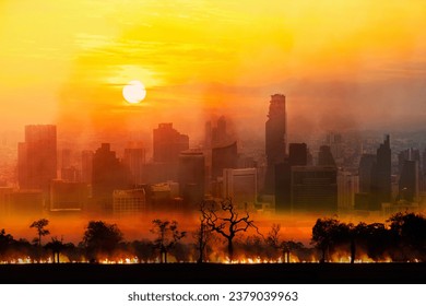 Cities that demonstrate the effects of climate change and global warming. Cities, arid lands. and green fields collage