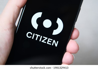 Citizen App Login Screen Seen On Smartphone Hold In A Hand. Citizen App Is A Service For Real-time Crime Alerts. Selective Focus. Stafford, United Kingdom, May 27, 2021.