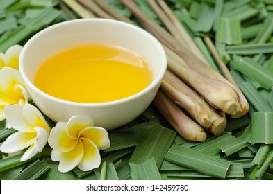 Citronella Grass And Oil On Citronella Grass Leave Background