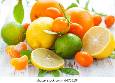 Citrus Fresh Fruit On The White Wooden Table