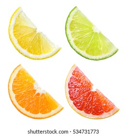 Citrus fruit. Orange, lemon, lime, grapefruit. Slices isolated on white background. Collection.