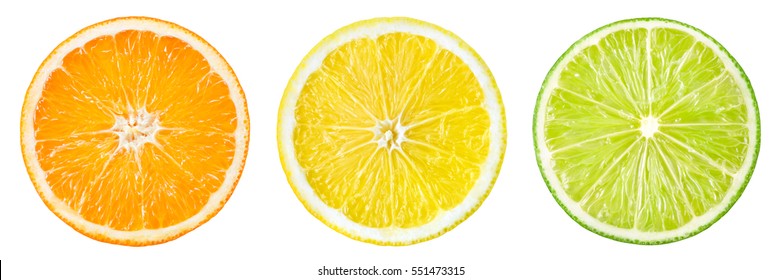 Citrus Fruit. Orange, Lemon, Lime. Slices Isolated On White Background. Collection.