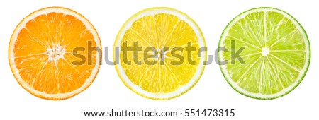 Citrus fruit. Orange, lemon, lime. Slices isolated on white background. Collection.