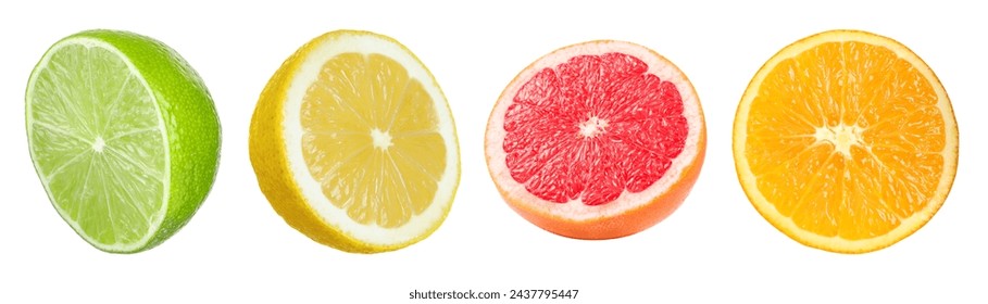 Citrus fruits. Cut fresh lemon, grapefruit, lime and orange isolated on white, set