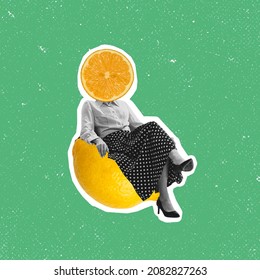 Citrus health care. Contemporary art collage of woman with lemon slice head sitting on lemon isolated over green background. Concept of art, creativity, food, design. Copy space for ad - Shutterstock ID 2082827263
