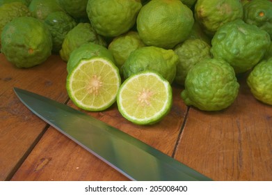 Citrus Hystrix Cut In Half With Knife