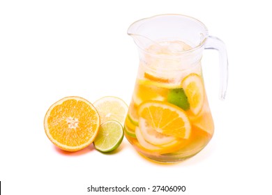 Citrus Ice Water. Lemon, Lime, Orange And Carafe With Citrus Ice Water Isolated On White