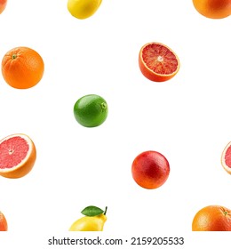 citrus mix, lemon, orange, lime, grapefruit isolated on white background, SEAMLESS, PATTERN