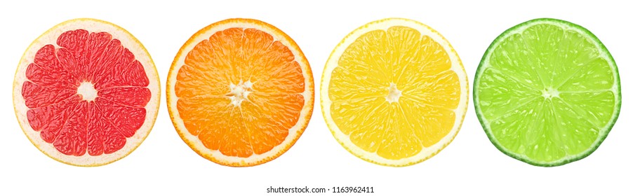 citrus slice, grapefruit, orange, lemon, lime, isolated on white background, clipping path