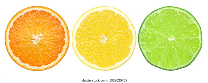 Citrus Slice, Orange, Lemon, Lime, Isolated On White Background, Clipping Path