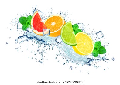 Citrus Water Splash, Ice Cubes Isolated On White Background