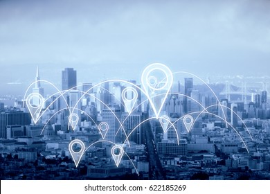 City with abstract connected location pins. Dull sky background. Navigation concept. 3D Rendering