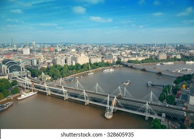 City Aerial View From London Eye Over Thames River.