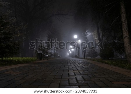 The city alley is dark on a foggy morning.