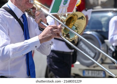 city bands with instruments for fanfare and military musician marches italy 