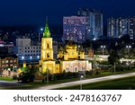 City of Barnaul, Altai Krai, Siberia, Russia. Znamensky Cathedral on the territory of Barnaul Znamensky Convent. Orthodox church with a bell tower. Beautiful night cityscape. Evening twilight