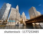 City buildings and downtown skyline over the Chicago River Illinois USA