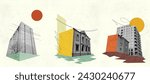 City Bulding Creative Art Collage. Retro Vintage Colors. Architecture Concept Artwork. Vector Elements Illustration. Advertisment Copy Space Design. Texture Background. Poster Flyer Banner Card Post