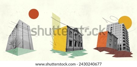 City Bulding Creative Art Collage. Retro Vintage Colors. Architecture Concept Artwork. Vector Elements Illustration. Advertisment Copy Space Design. Texture Background. Poster Flyer Banner Card Post