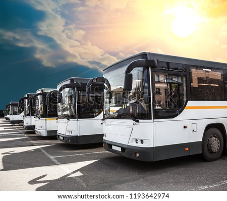 city buses in a row in a parking lot under a sunny, cloudy sky