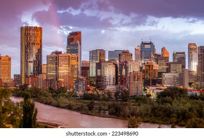 City of Calgary skyline glows during an interlude in a storm. 