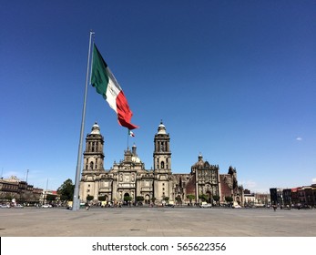 México City Cathedral And Main Square Flag Flying Over An Empty 