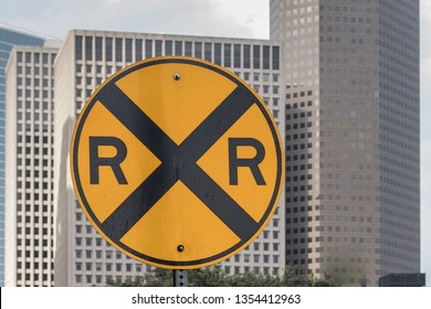 City Center Downtown Yellow Rail Road Crossing Sign For Houston Light Rail