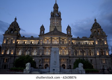 City Chambers Illuminated At Night, Glasgow, Scotland