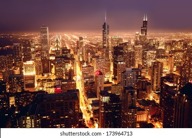 City of Chicago. Aerial view of Chicago downtown at nigh from high above.