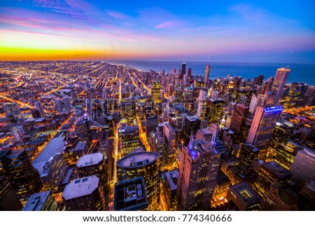 City of Chicago. Aerial view of Chicago downtown at twilight from high above. Cold colors toning.