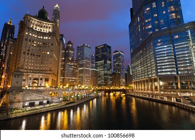 City Of Chicago. Image Of The Chicago Downtown Riverside At Night.