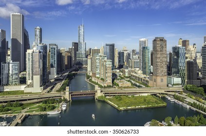 City Of Chicago Skyline Aerial View With Chicago River