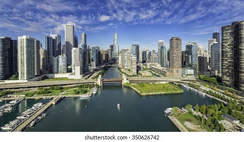 City Of Chicago Skyline Aerial View With Chicago River