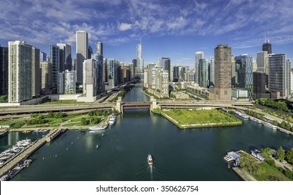 City Of Chicago Skyline Aerial View With Chicago River