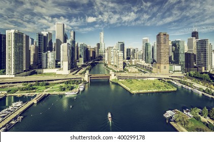 City Of Chicago Skyline Aerial View With Chicago River, Vintage Colors