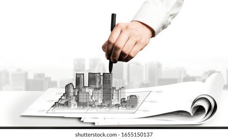 City Civil Planning And Real Estate Development - Architect People Looking At Abstract City Sketch Drawing To Design Creative Future City Building. Architecture Dream And Ambition Concept.