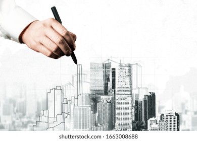 City Civil Planning And Real Estate Development - Architect People Looking At Abstract City Sketch Drawing To Design Creative Future City Building. Architecture Dream And Ambition Concept.