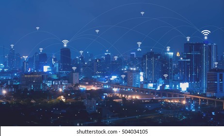 City With Connected Line, Internet Of Things Conceptual