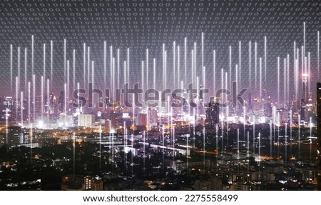 A city covered by binary code with cellular signal everywhere sending into the network. Wireless network and Connection technology concept 
