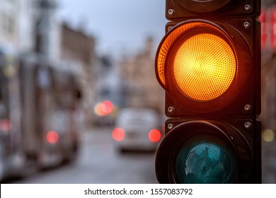 A City Crossing With A Semaphore. Orange Light In Semaphore - Image