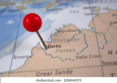 City Of Derby Marked On Map With Red Pin, Australia